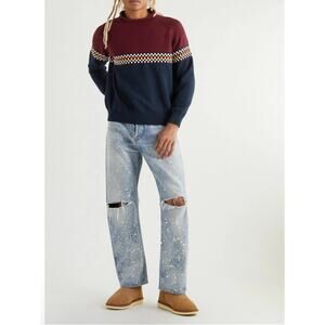 Iggy Cotton Jacquard Raglan Roll Top Knit Sweater Red Blue Checkered Small Men